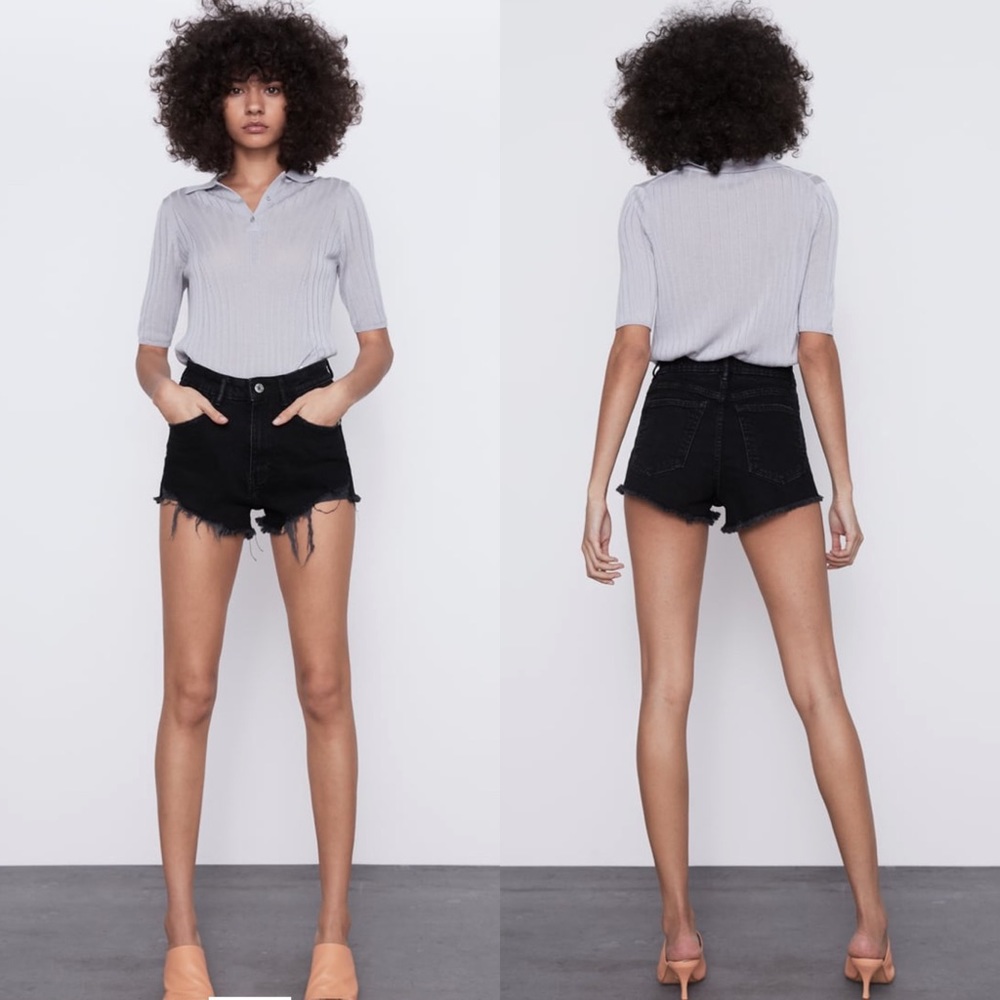 Sold ZARA Black High Rise Frayed Hem Denim Shorts - Picture 6 of 11